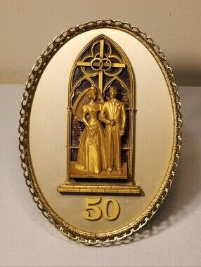 tg Mid-Century Creed Gold-Tone 3D Gothic 50th Wedding Anniversary Plaque